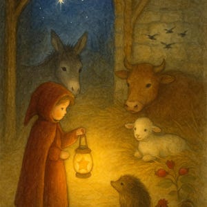 Kerstkaart in de stal, kerststal, Waldorf-ansichtkaart, Waldorf-geïnspireerd, maandkaart december, kerstgroet, kersttafereel