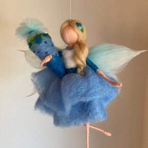 little blue school cone fairy, felt fairy, Waldorf-inspired felt elf with school cone, felt fairy made of fairytale wool, ooakdoll, felt doll