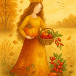 Oktoberkarte Königin des Herbsts, Herbstkarte, Postkarte für den Jahreszeitentisch, Waldorfkarte, Monatskarte Oktober, Leben im Jahreskreis