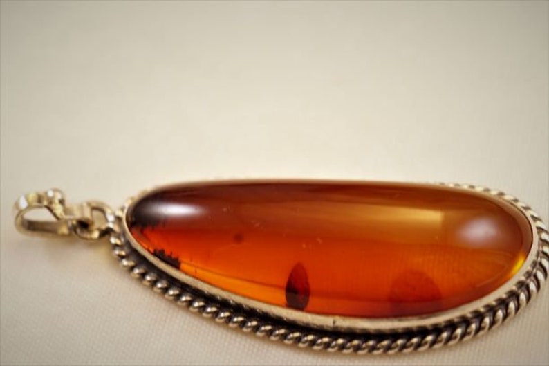 Cognac Color A-grade Baltic Sea Amber in Vintage Sterling Silver Handcrafted Pendant w Spiral Accents/_ Long Free Form Shape Natural