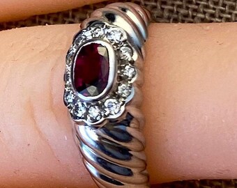 Platinum Ruby and Diamond Halo Ring, Deep Red, 0.70 AA Quality Oval Ruby with Flawless H-color diamond halo_ US size 6.5