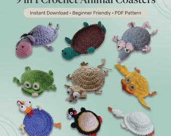 9-in-1 Pop-Up Animal Coaster Crochet Pattern Bundle PDF | 3D Amigurumi Mug Rug, Cute Cup Holder & DIY Desk Decor