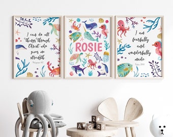 Bright Ocean Animals Bible Verse Nursery Print set, Gender neutral christan wall art for kids, personalised under the sea decor