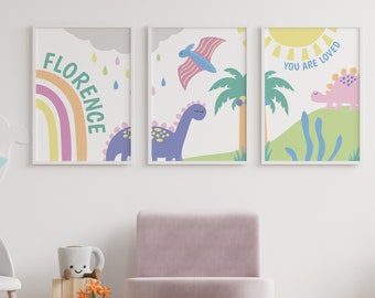 Girls dinosaur nursery print set of 3, custom rainbow dinosaur wall art, pastel dino panoramic decor, little girls personalised print