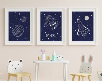 Personalised Outer Space Theme Bedroom Decor, Space Themed Nursery Pictures, Set of 3 Blue Custom Space Prints, Astronaut and Rocket Print