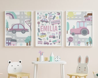 Pink and PurpleTransport Nursery Name Print Set, Personalised new baby gift, Little girls playroom art