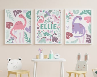 Personalised pink dinosaur print set of 3, purple dinosaur nursery decor, girls toddler bedroom decor, boho wall decor, playroom poster