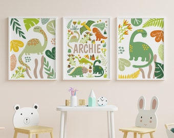 Personalised green dinosaur nursery print set of 3, neutral kids dino bedroom wall art, trex playroom decor