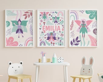 Personalised pink fairy print set of 3, purple fairytale nursery decor, girls toddler bedroom decor, boho wall decor, playroom poster