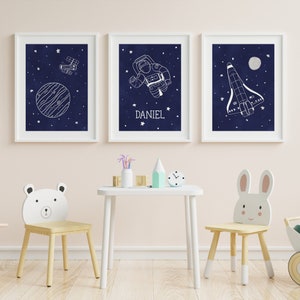 Personalised Outer Space Theme Bedroom Decor, Space Themed Nursery Pictures, Set of 3 Blue Custom Space Prints, Astronaut and Rocket Print