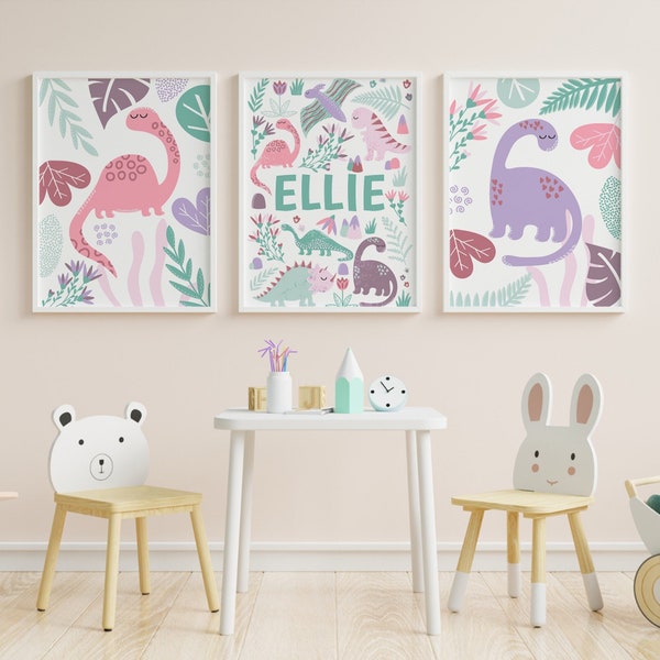 Personalised pink dinosaur print set of 3, purple dinosaur nursery decor, girls toddler bedroom decor, boho wall decor, playroom poster