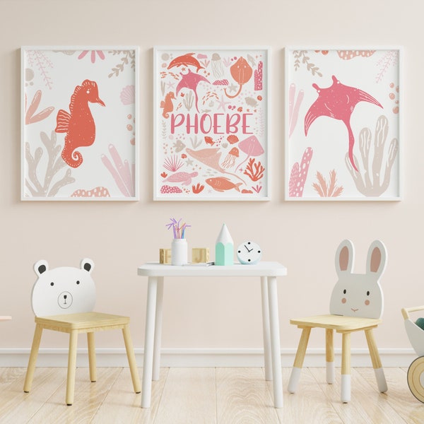 Girls Pink and Peach Sea Animal Name Print Set, New Baby Gift for Girls, Personalised Ocean Print Set