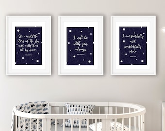 Nursery Bible verse print set of 3, space nursery prints with stars, counts the stars, I will be with you, Fearfully and wonderfully made