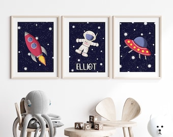 Personalised Space Theme Bedroom Print Set, Space Themed Nursery Pictures, Set of 3 Custom Outer Space Prints, Astronaut and Rocket Print
