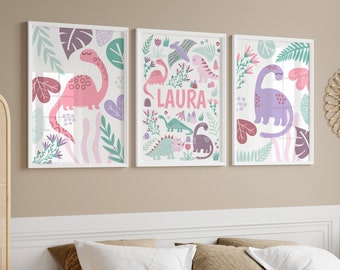 Digital Dinosaur print set of 3, downloadable pink dino nursery wall art, little girls printable bedroom decor