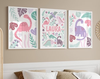 Dinosaur Nursery Print Set: Pink Dino Bedroom Decor (Digital Download)