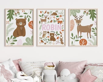 Woodland animal nursery print set for baby girl, personalised name art for toddler bedroom with bear and deer