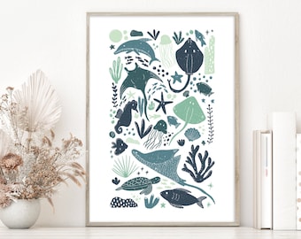 Sea Animal Nursery Print: Neutral Ocean Wall Art