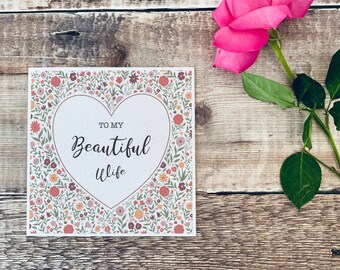 Personalised floral valentines day card, beautiful wife anniversary card, card for her