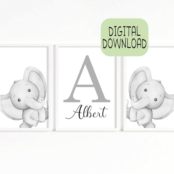 Digital Elephant Nursery Print Set of 3