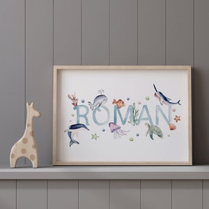 Watercolour Ocean Name print, sea animal nursery wall art, personalised fish name print, under the dea kids decor, custom baby shower gift