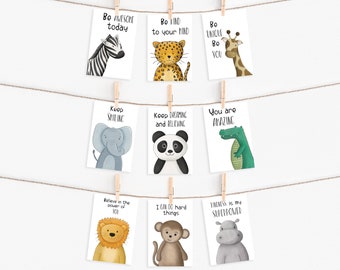 Safari affirmation cards for kids, Set of 9 childrens note cards, animal postcards for children kids A6 thank you cards, Motivational cards