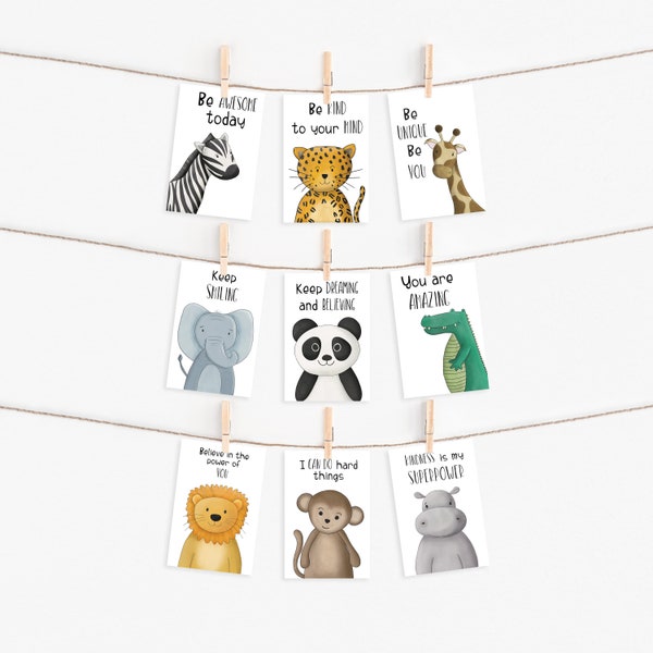 Cartes d'affirmation Safari pour enfants, lot de 9 cartes de correspondance pour enfants, cartes postales d'animaux pour enfants, cartes de remerciement A6, cartes de motivation.