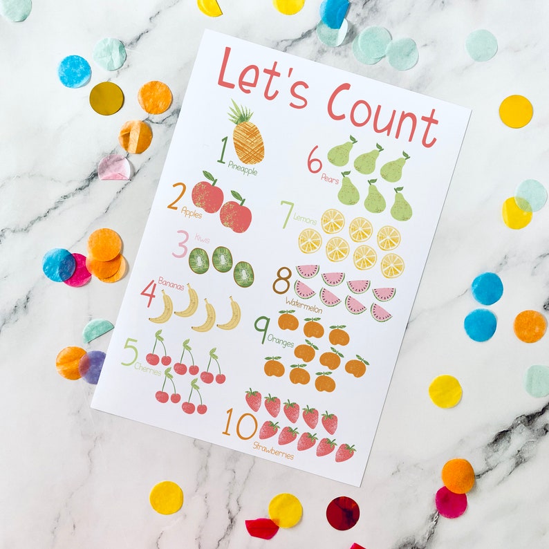 Educational poster for playroom, fruit themed counting print, bright number wall art, learning nursery decor, play kitchen sign image 7