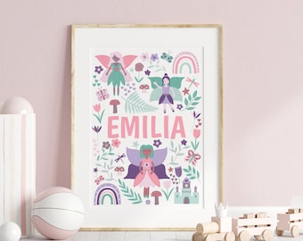 Pink Fairy Name Nursery Print, Personalised floral nursery decor, Custom kids door sign, Little girls fairytale wall art, baby shower