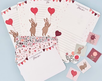 Bunny Rabbit Writing Set For Children, Cute Valentines Activity For Kids, Personalised Notecard Set