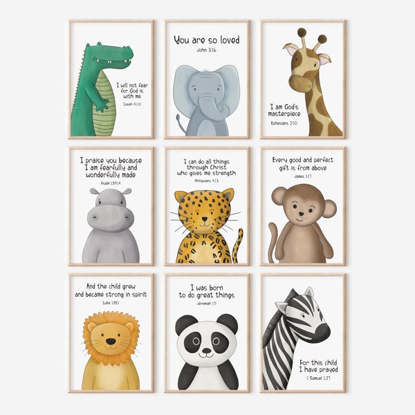 Bible verse animal prints, jungle animal nursery decor, Christian safari bedroom wall art, baby dedication gift, Christening keepsake