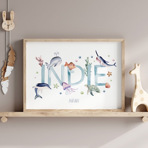 Under the sea landscape name nursery print, ocean themed printable wall art