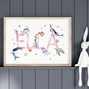 Watercolour Ocean Name print, sea animal nursery wall art, personalised fish name print, under the dea kids decor, custom baby shower gift Pink
