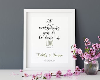 Personalised bible verse wedding gift print, let all you do be done with love art print, valentines gift, christian wall art, 1 corinthians