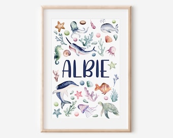 Watercolor Sea Animals Name Print: Personalized Nautical Nursery Art