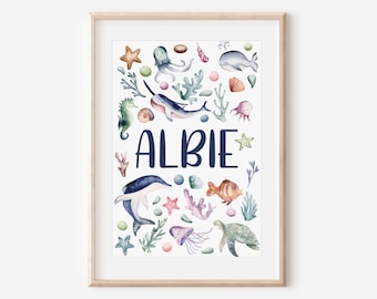 Under the sea name print, watercolour sea animals nursery gift, personalised ocean new baby gift, nautical themed children's print