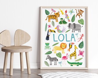 Jungle animal nursery name print, personalised safari decor, zoo animal poster, new baby gift, childrens name sign, custom kids wall art