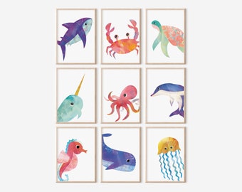 Ocean Animal Nursery Prints: Watercolor Sea Life Wall Art