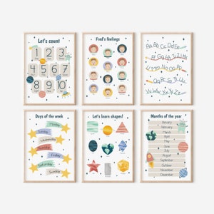 Juego de 6 impresiones educativas, Arte de pared de póster de aprendizaje en el aula, Decoración de sala de juegos espacial, Impresión de sentimientos personalizados en colores pastel