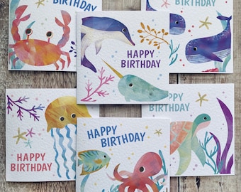 Kids Sea Themed Birthday Card Pack, Gender Neutral Children's Greeting Card, Last Minute Birthday Card, Square Cards with Ocean Illustration