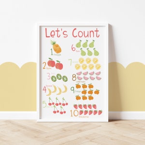 Educational poster for playroom, fruit themed counting print, bright number wall art, learning nursery decor, play kitchen sign image 1
