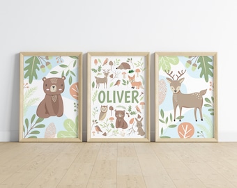 Woodland animal nursery print set for baby boy, personalised name art for toddler bedroom with bear and deer