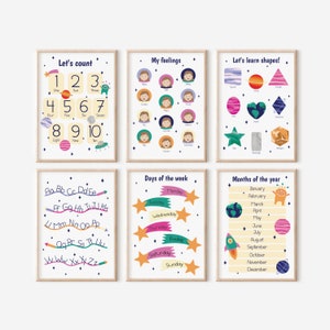 Impresiones educativas Conjunto de 6, Arte de pared de carteles de aprendizaje en el aula, decoración de sala de juegos espacial, impresión de sentimientos personalizados