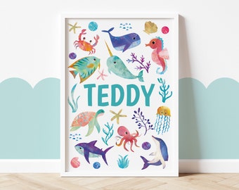 Bright Ocean Animals Name Print, under the sea nursery decor, Personalised kids name sign, New baby gift