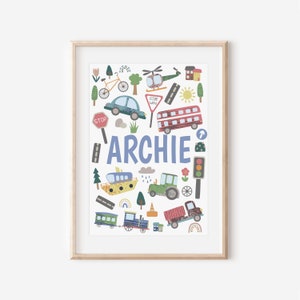 Decoración del dormitorio de transporte, arte de la pared del vehículo, decoración de la habitación de los niños, impresión personalizada de la guardería, letrero con el nombre del transporte, impresión del coche para niños