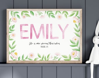 Daisy themed nursery name print, girls bedroom decor, toddlers floral bible verse picture