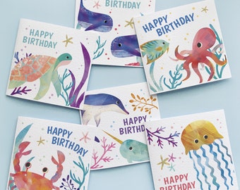 Sea themed children's birthday card multi pack, ocean creature boys party card pack of 6, gender neutral greetings cards for kids