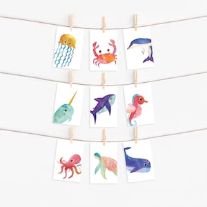 Sea Animal Postcards, Set of 9 ocean themed note cards, kids thank you cards