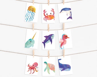Sea Animal Postcards, Set of 9 ocean themed note cards, kids thank you cards