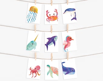 Sea Animal Postcards, Set of 9 ocean themed note cards, kids thank you cards